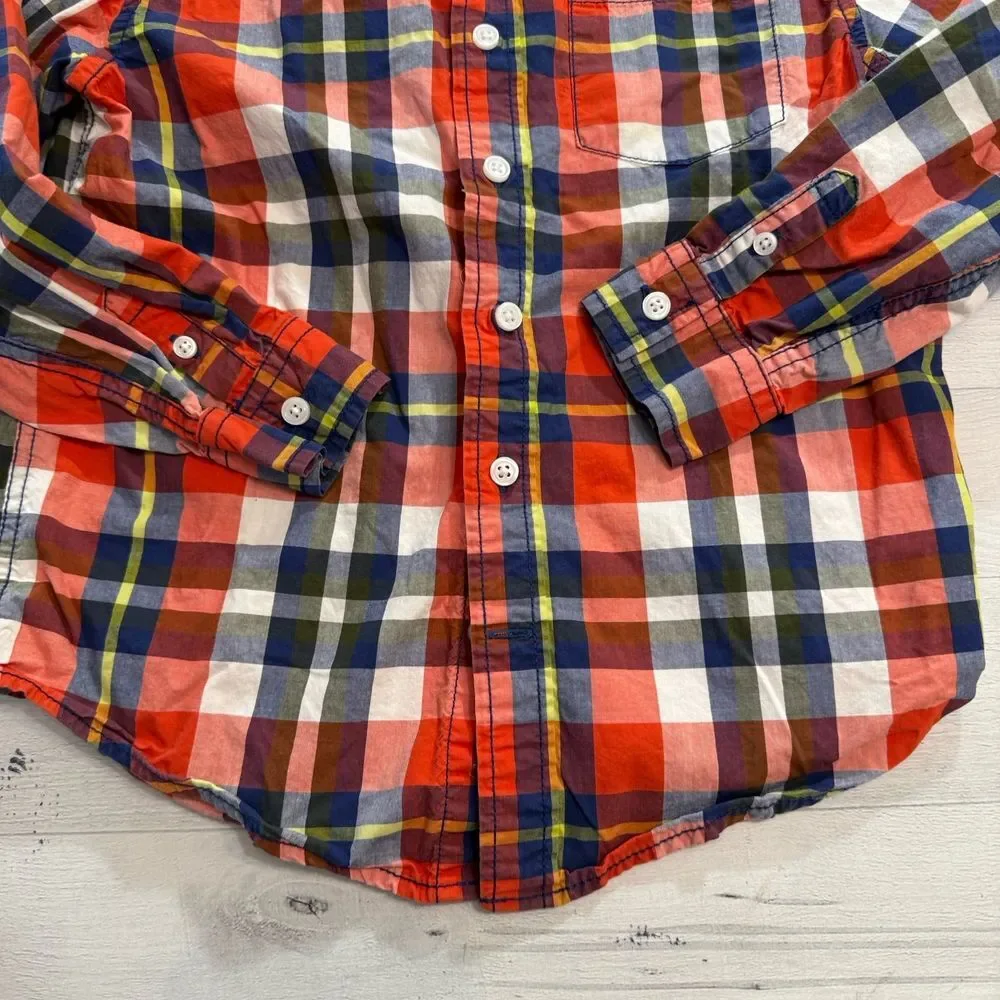 Gymboree boys plaid button down shirt orange navy medium 7/8‎